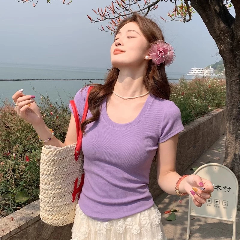 龙妹紫色U领正肩短袖T恤女2025新款夏日穿搭修身超好看单穿上衣