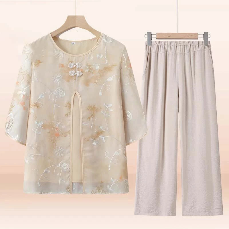 妈妈夏装短袖凉爽上衣2025新款中式国风套装中老年女奶奶夏季衣服