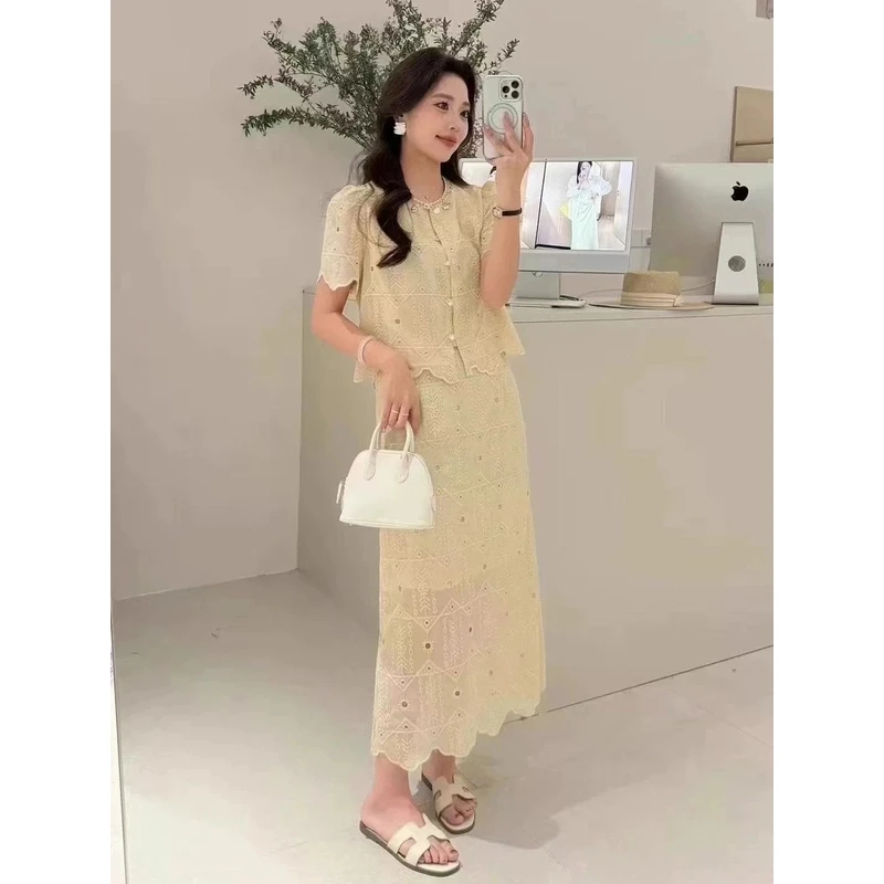 2025年夏季新款小香风蕾丝短袖套装高级气质名媛风小个子两件套