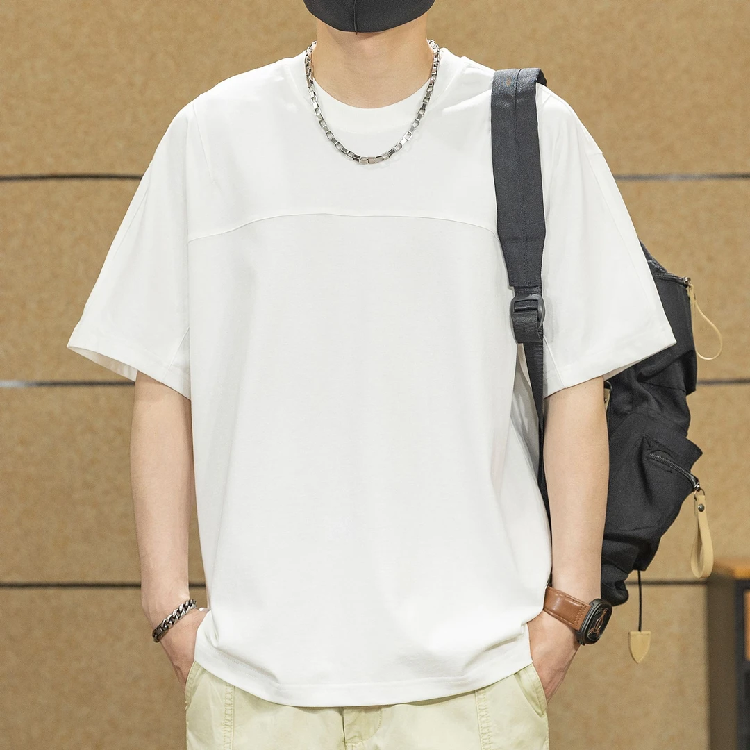 潮流拼接重磅纯棉短袖T恤男士夏季新款宽松潮牌休闲简约圆领上衣T