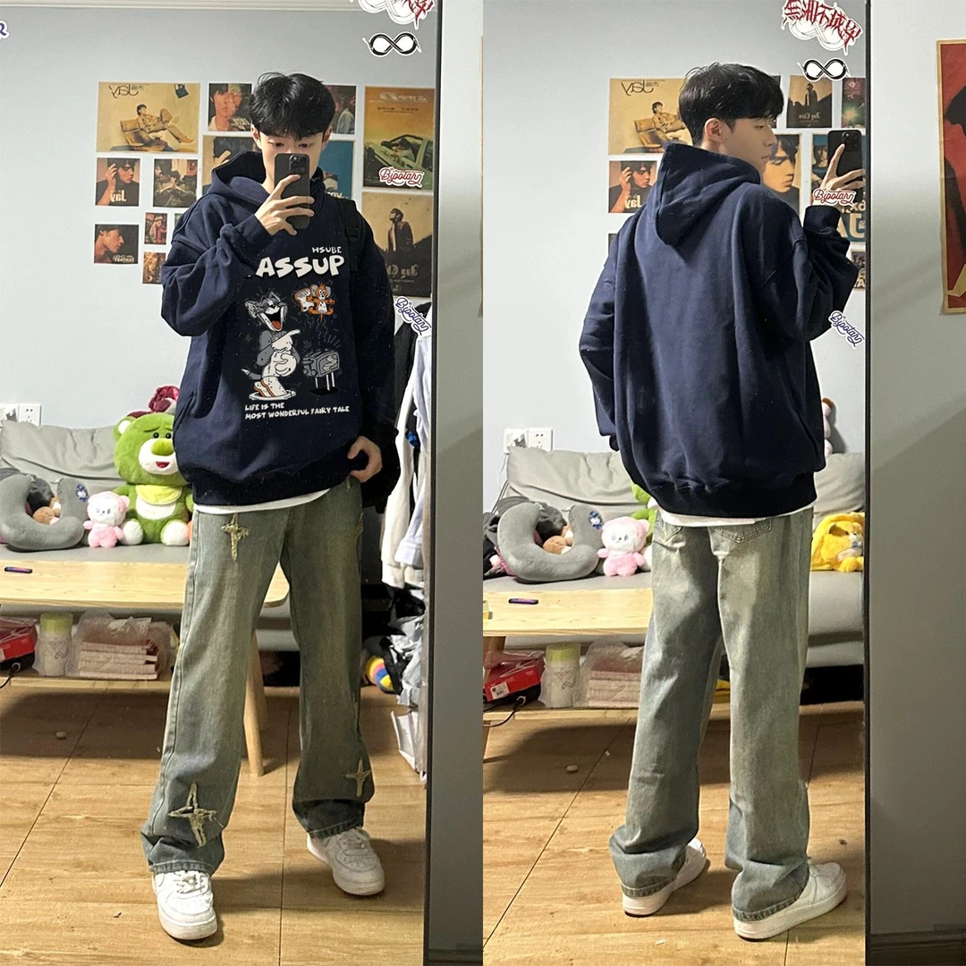 WASSUP HSUBE美式休闲卡通卫衣印花长袖秋冬宽松猫鼠艺术情侣上衣