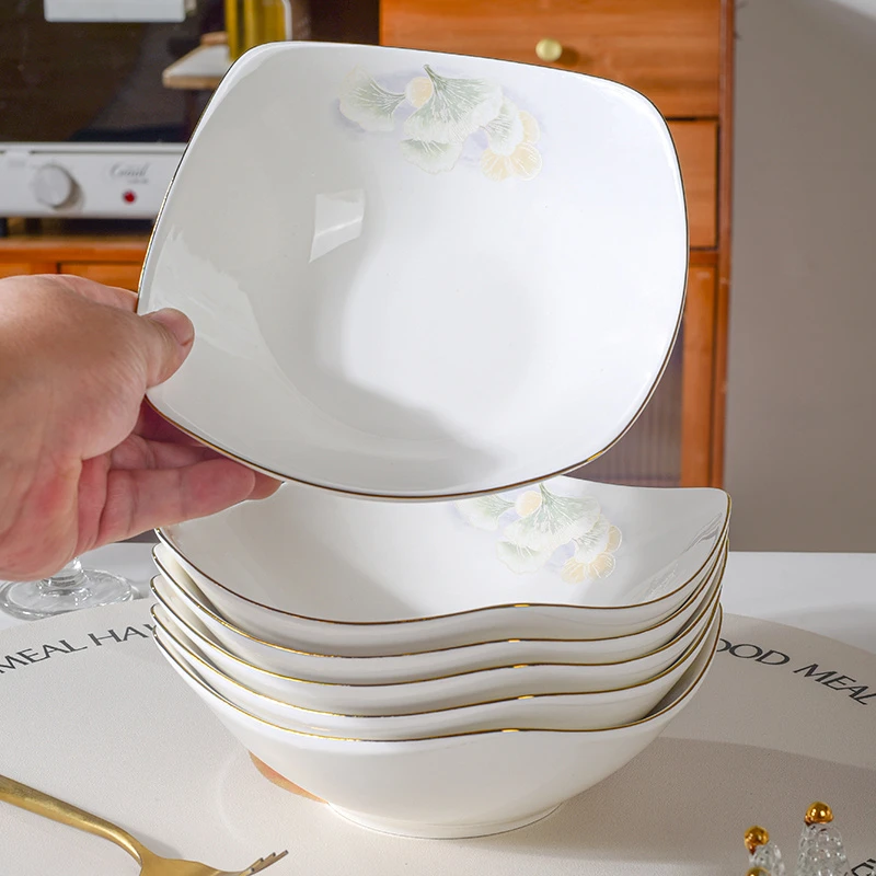 【6只装】锦绣银杏叶8英寸翘脚碗高端碗碟2025新骨瓷釉下彩餐具