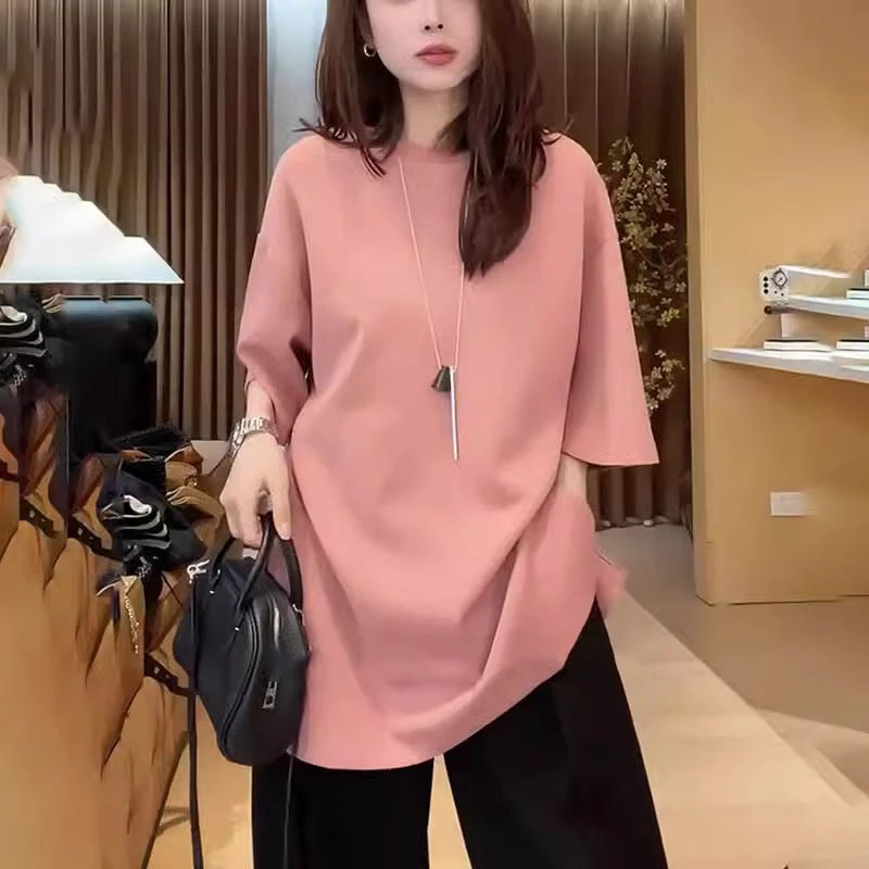 大码女装中长款宽松短袖t恤女2025夏季胖mm显瘦减龄圆领休闲上衣