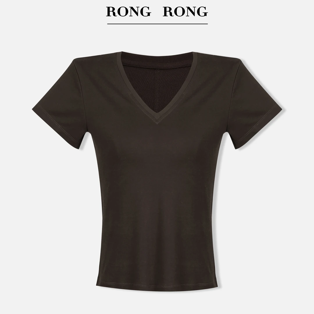 溶溶【暖茶日暮】RONGRONG 醋酸棉V领修身显瘦打底短袖T-Z8969250