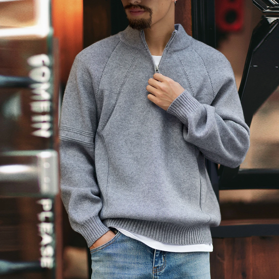 美式复古半高领拉链毛衣男2025秋冬新款宽松纯色套头拼接针织衫潮