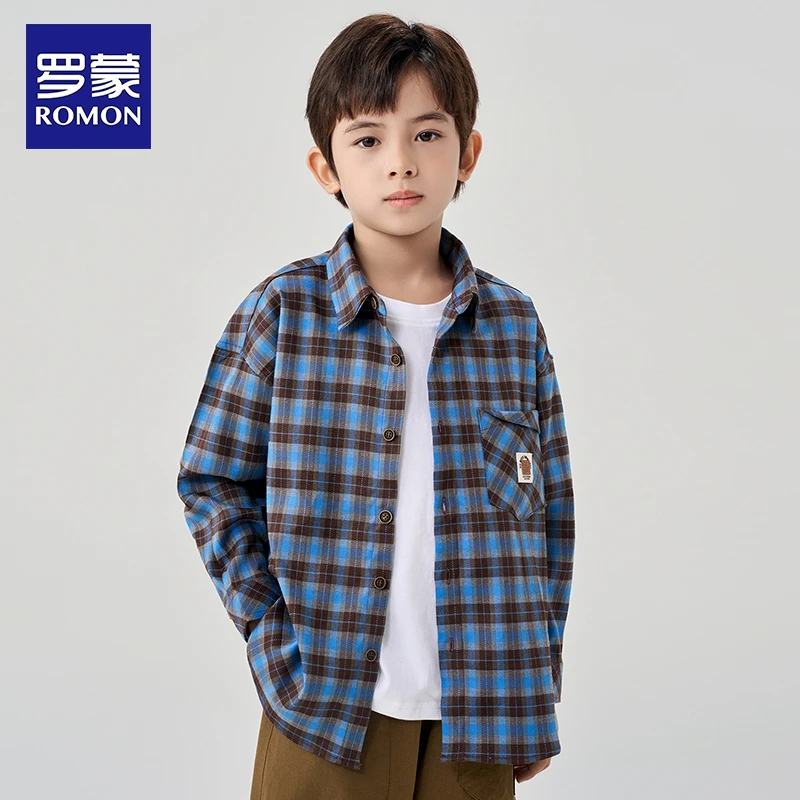罗蒙童装男童秋装衬衫外套春秋2025新中大童男孩儿童格子长袖衬衣