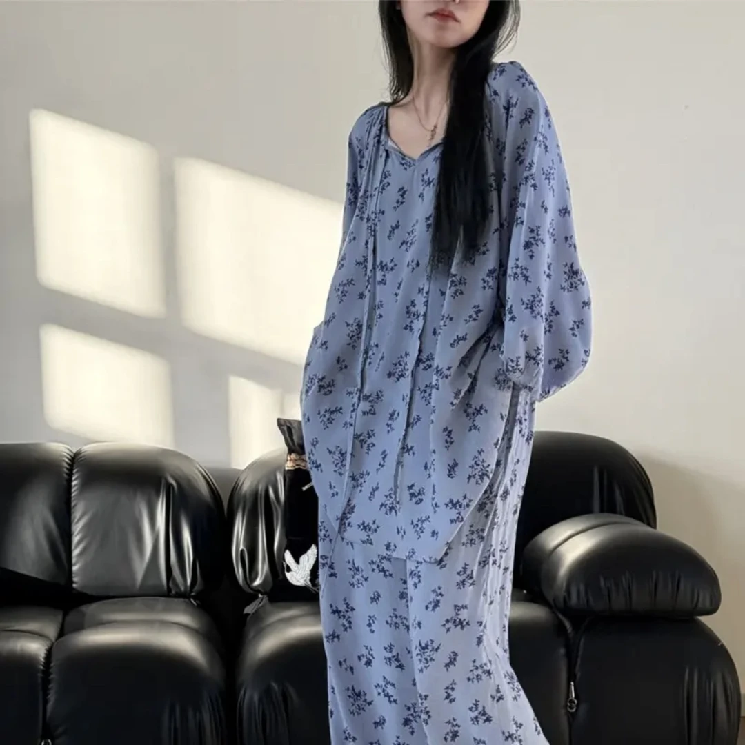 现货清【有胸垫防凸棉绸套装】可外穿长袖家居服棉绸春夏睡衣套装