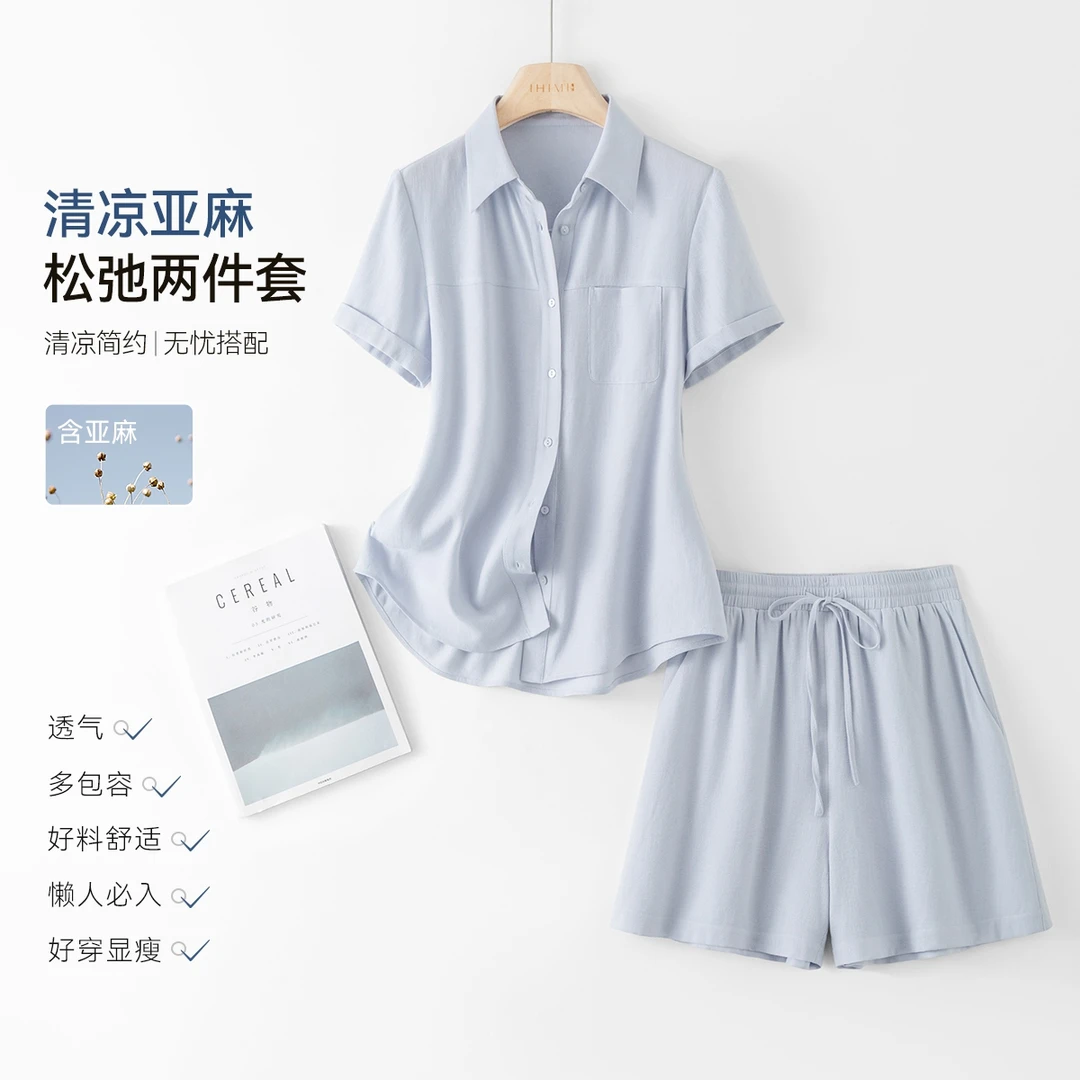 IHIMI/海谧2025夏季新款松弛慵懒老钱风衬衫加短裤套装1184