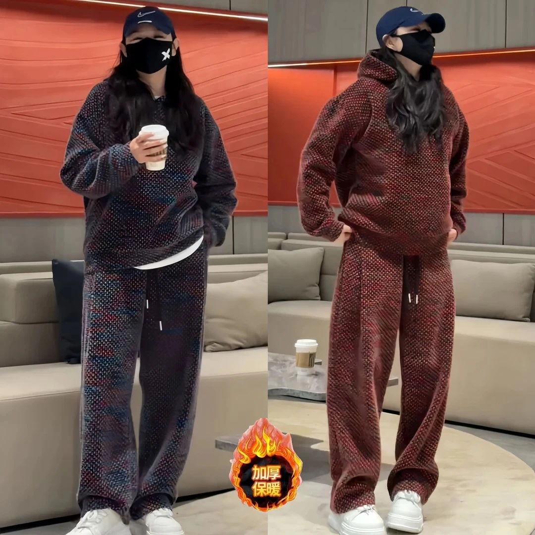 冬季加厚绒面保暖连帽卫衣休闲裤套装男士时尚千鸟格雪呢尔两件套