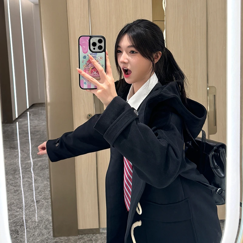 恋冬日志学院风牛角扣大衣冬呢子外套大衣黑男女同款东京岁时记JK
