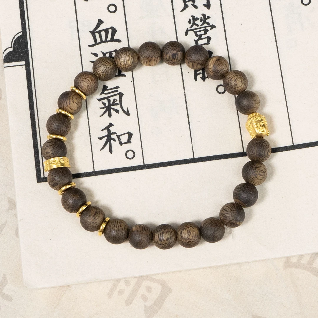 殊观-莞香绿奇楠沉香8mm99沉圆珠999足金单圈手串