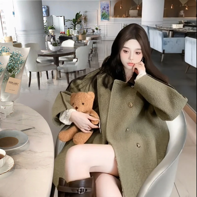 夹棉加厚毛呢拼接皮外套女宽松中长款韩版秋冬季气质小个子百搭