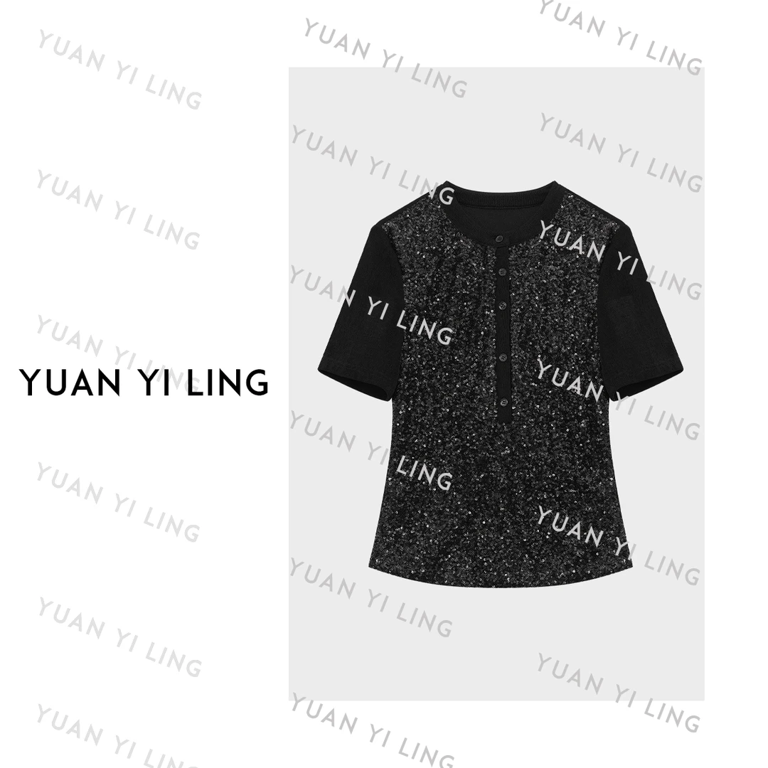 袁艺灵【星点】气质轻奢时尚感休闲黑印花设计百搭圆领短袖春夏女款