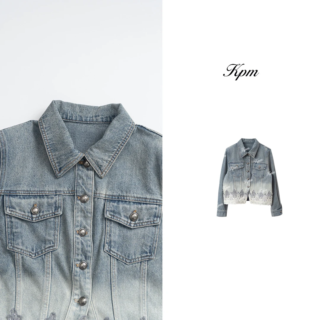 2025春季新款欧货牛仔外套女短款设计感磨白蕾丝拼贴上衣JN7167