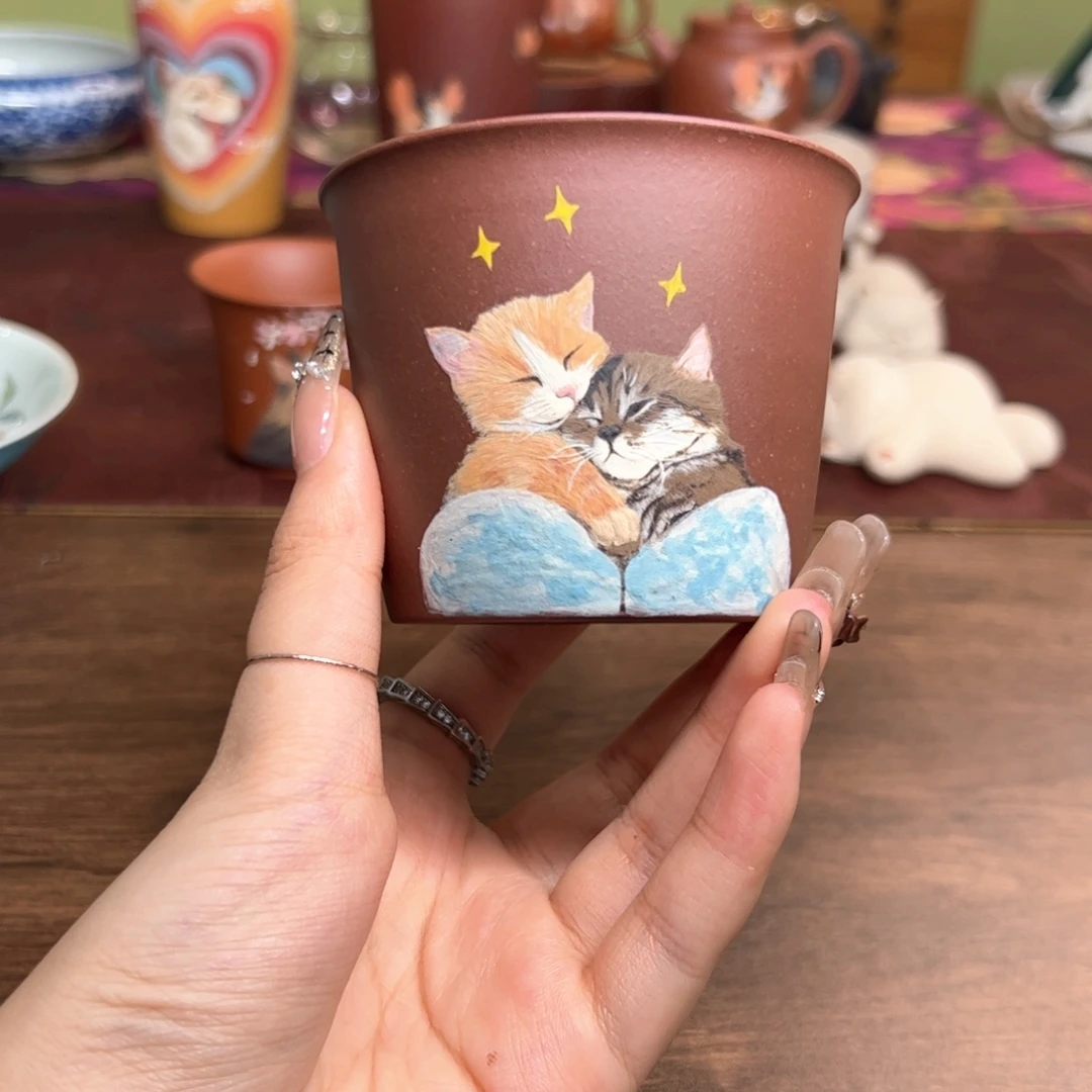 茶杯紫砂拥抱小猫 紫泥 150ml