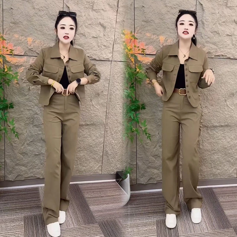 时尚休闲套装女2025秋季新款网红气质百搭洋气显瘦翻领工装两件套