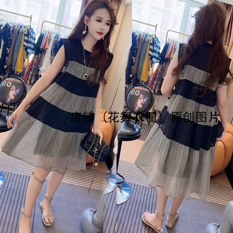 气质甜美小清新韩版荷叶边拼接条纹娃娃版连衣裙显瘦女裙2025夏新