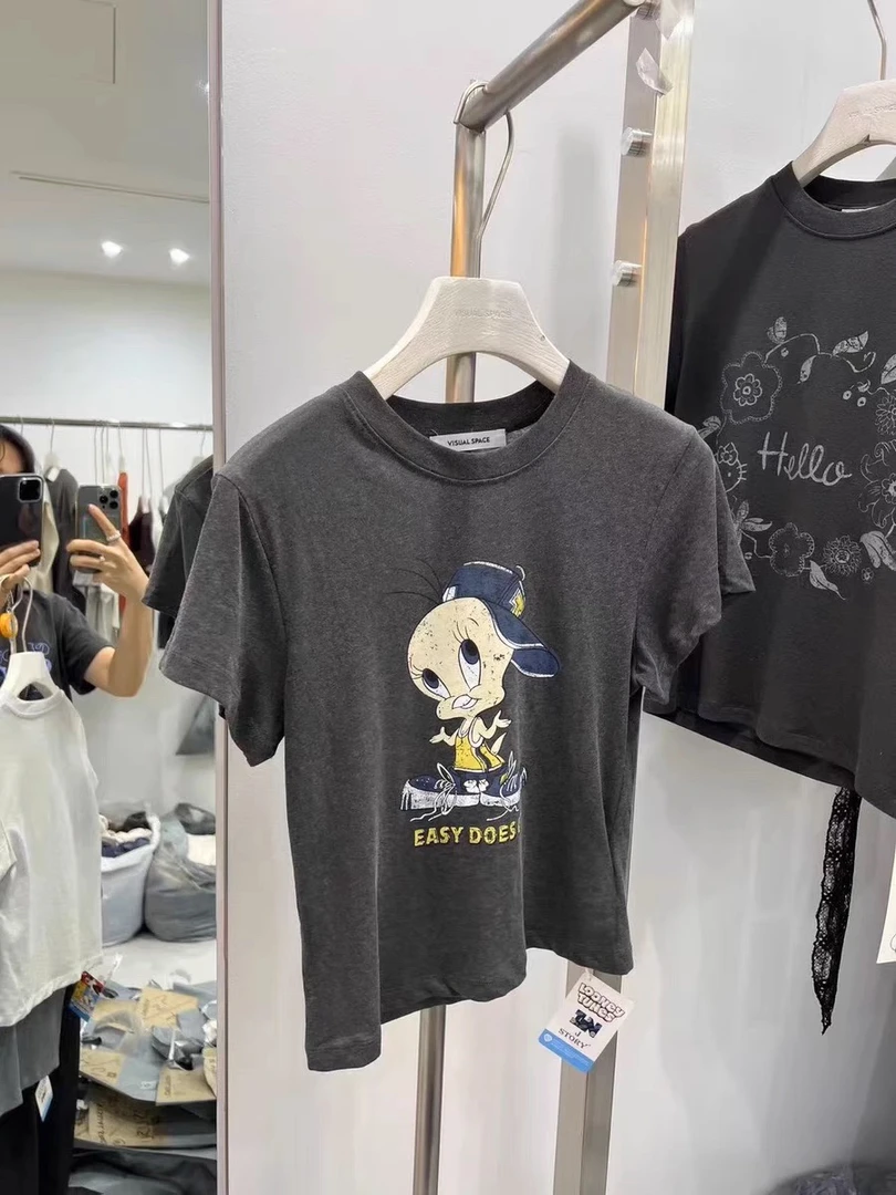 现VISUAL SPACE韩国东大门代购25夏季修身卡通印花薄款短袖T恤女