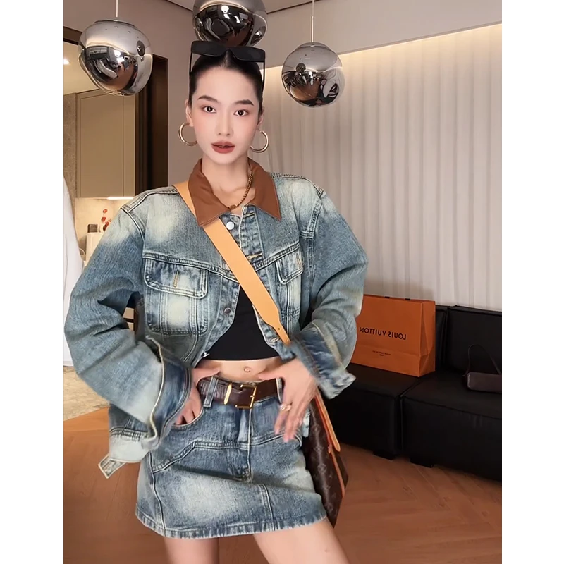 【曼哈顿印象】法式复古设计感撞色拼接牛仔外套+半裙套装