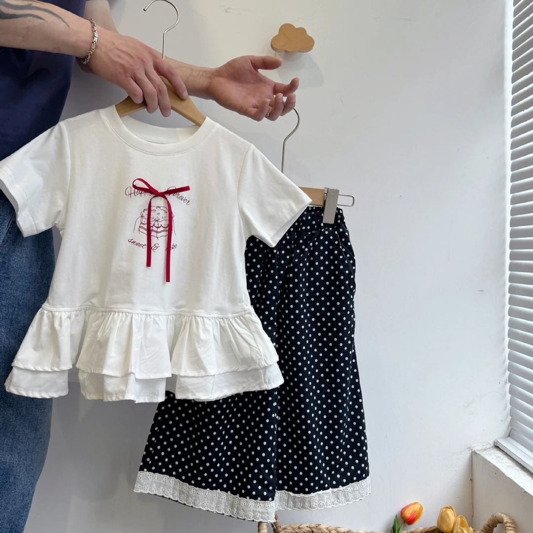 95698 女童夏季套装2025女宝宝甜美蝴蝶结荷叶边短袖上衣套装