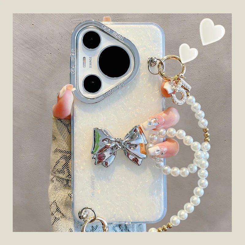 适用华为pura70pro+手机壳mate70/60pro电镀镜框贝壳纹银蝴蝶结女