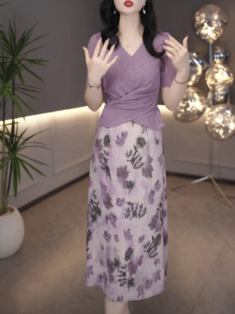 【连衣裙】2025春夏新款气质女人味洋气显瘦紫色印花假两件连衣裙