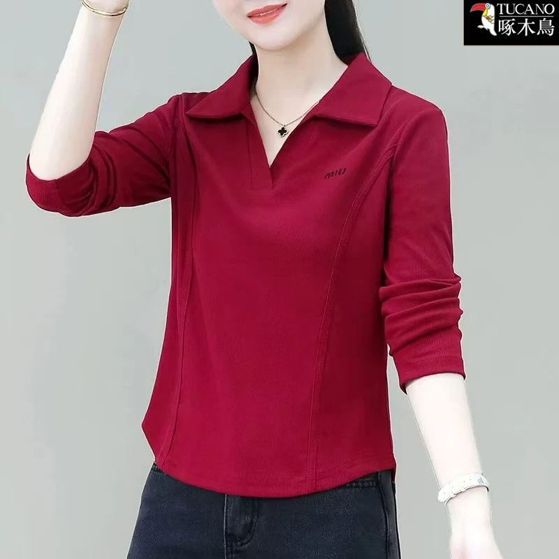 啄木鸟时尚POLO领字母刺绣长袖T恤2025年新款春秋简约小众上衣女