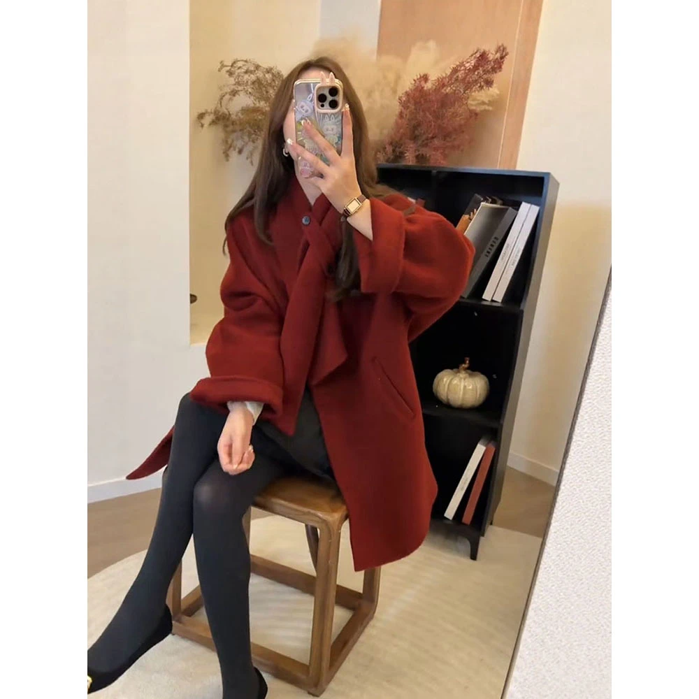 韩系高级感修身型厚款中长款宽松型毛呢外套小个子西装显瘦外套女