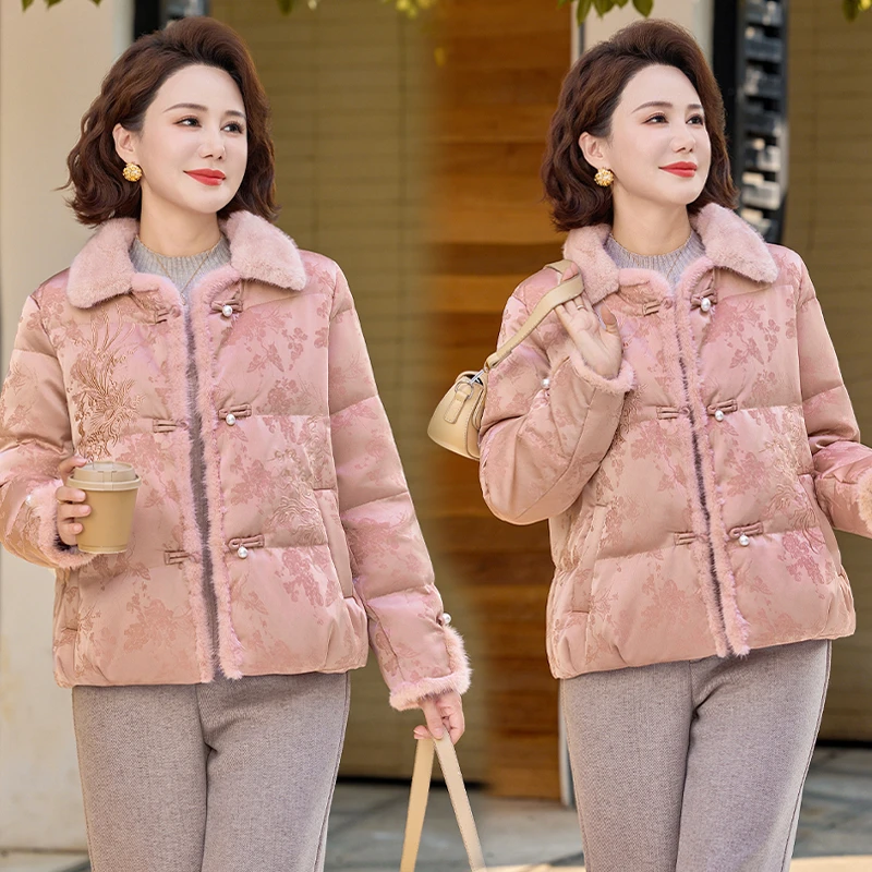 妈妈洋气棉袄国风棉服2025新款毛领棉衣中老年外套冬季中式