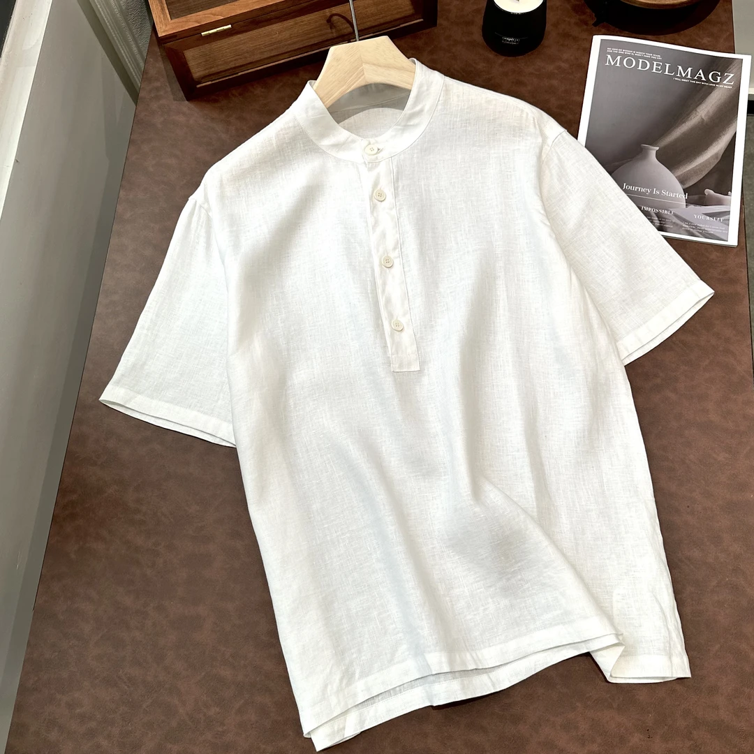 极简亚麻夏季亲肤透气宽松百搭休闲慵懒设计感立领T恤男士男75013