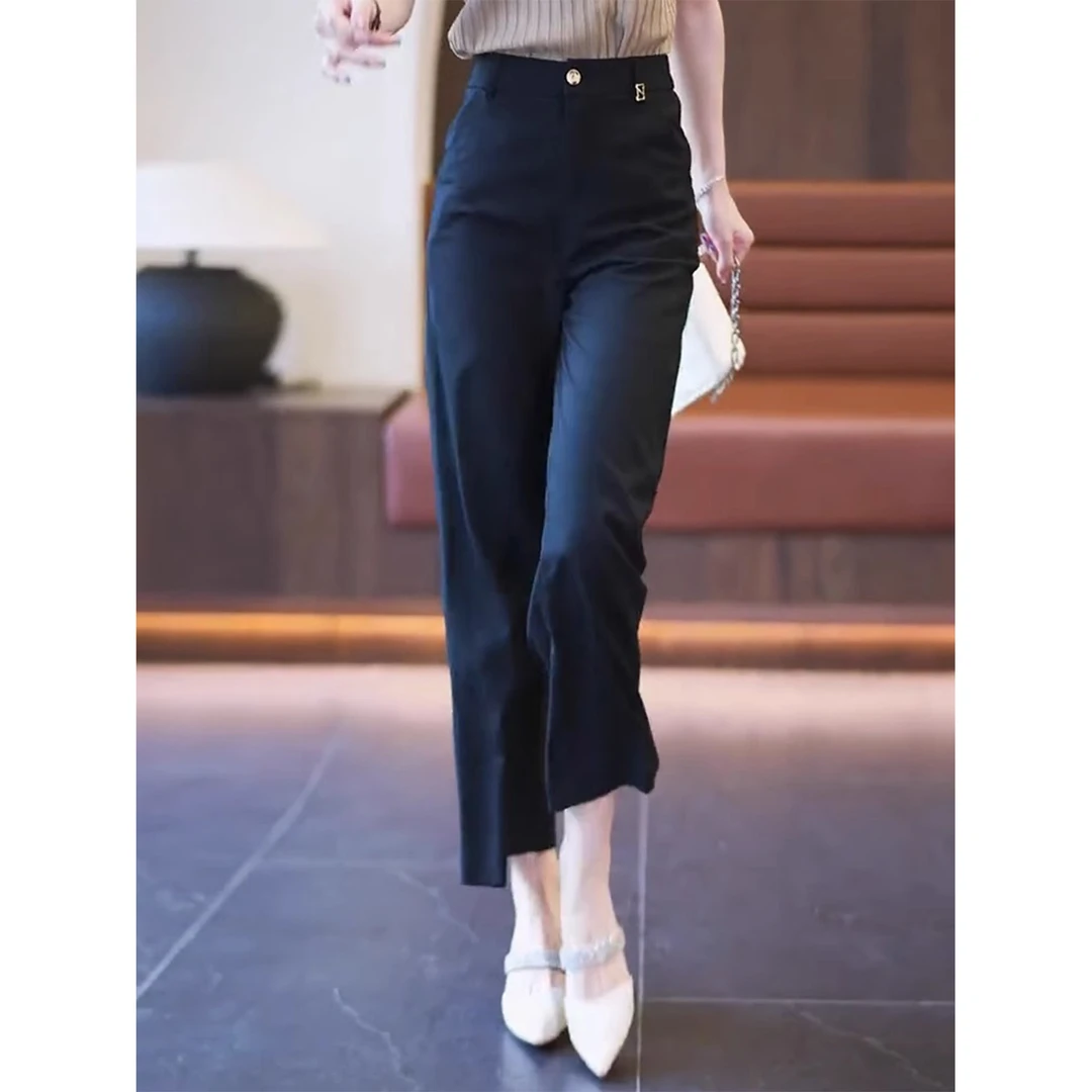 拉夏贝尔2025春夏款宽松女裤高腰显瘦九分裤休闲直筒裤西装阔腿裤