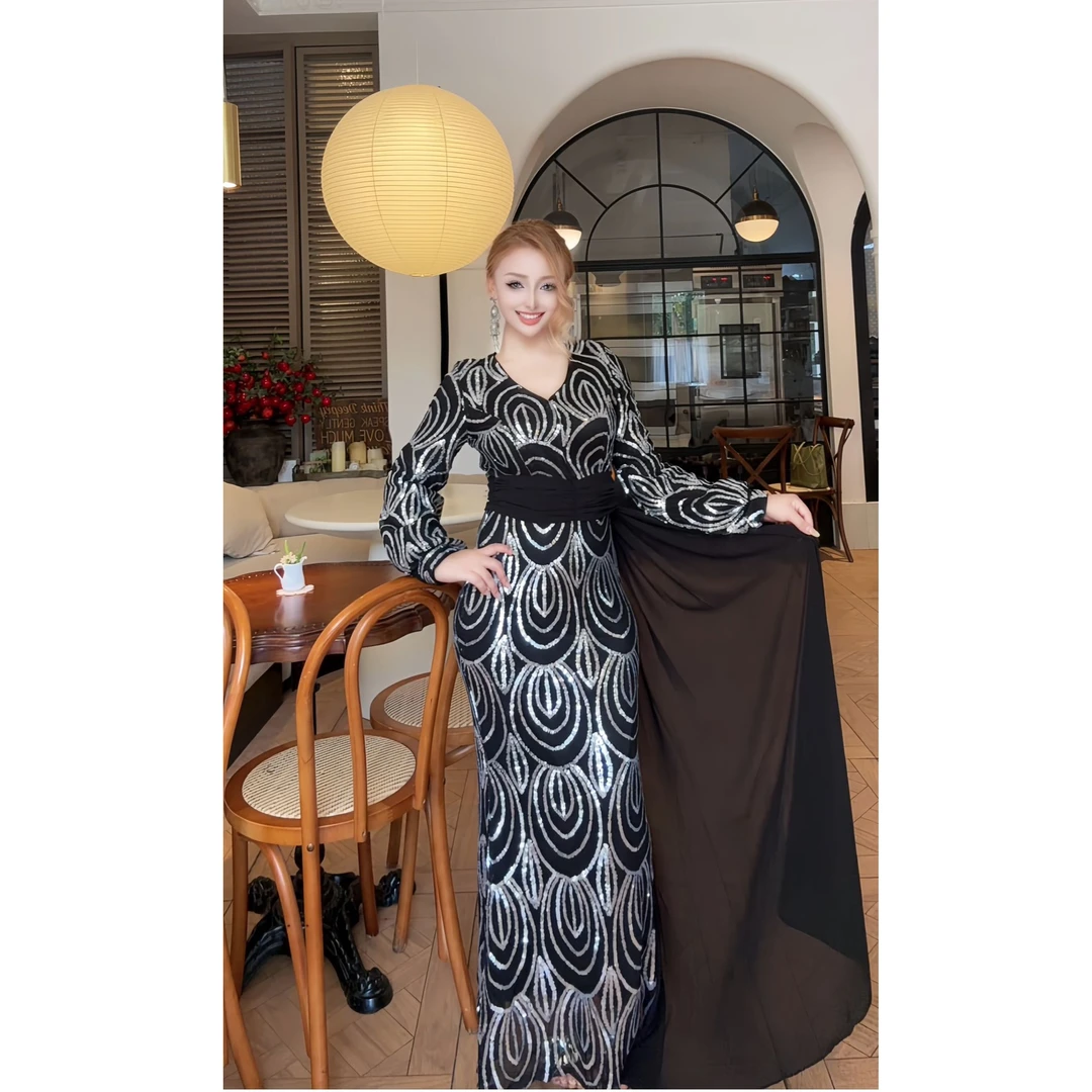 8778【包邮】新款V领亮片高级欧美时尚晚礼服女装连衣裙