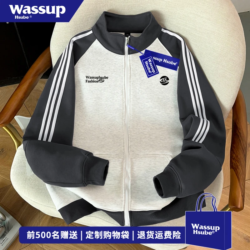 WASSUP HSUBE高街拼接立领卫衣男欧美字母印花三条杠秋冬潮流外套