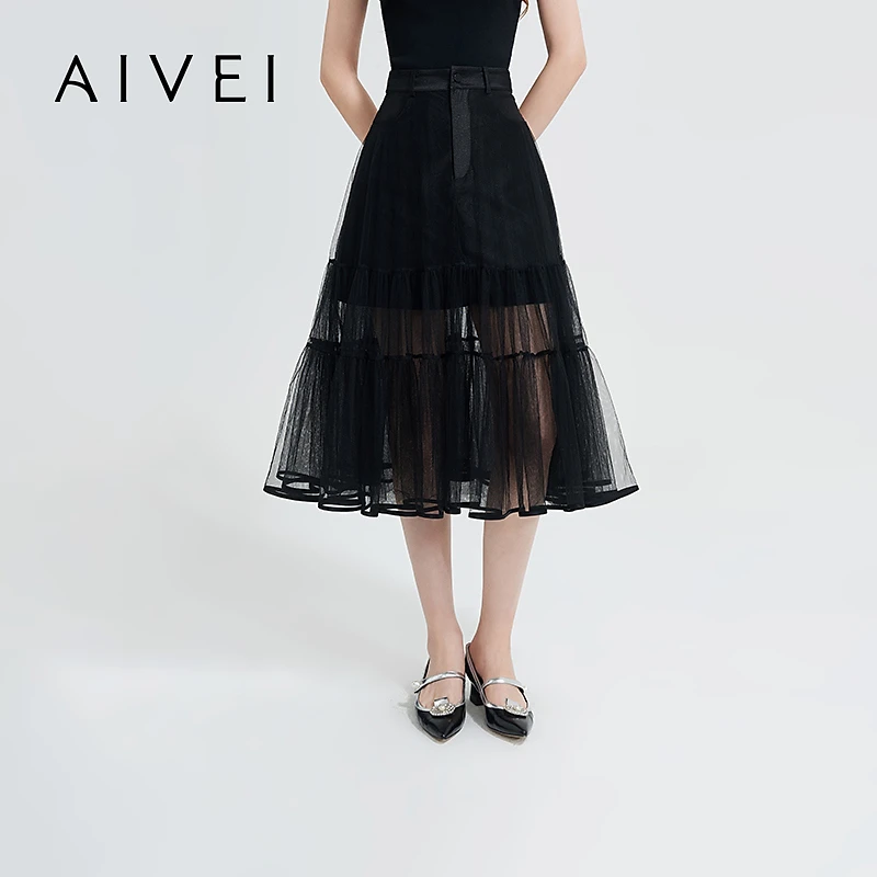 AIVEI艾薇新仙女风闪亮透视A字网纱蛋糕春游出行中长裙R0160099