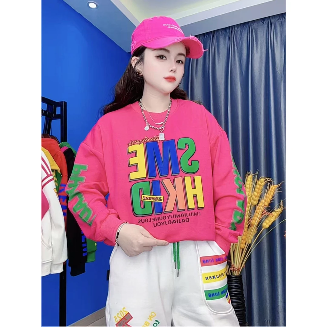 大椒家春季新款时尚休闲宽松前后印花长袖潮流圆领女士卫衣8517