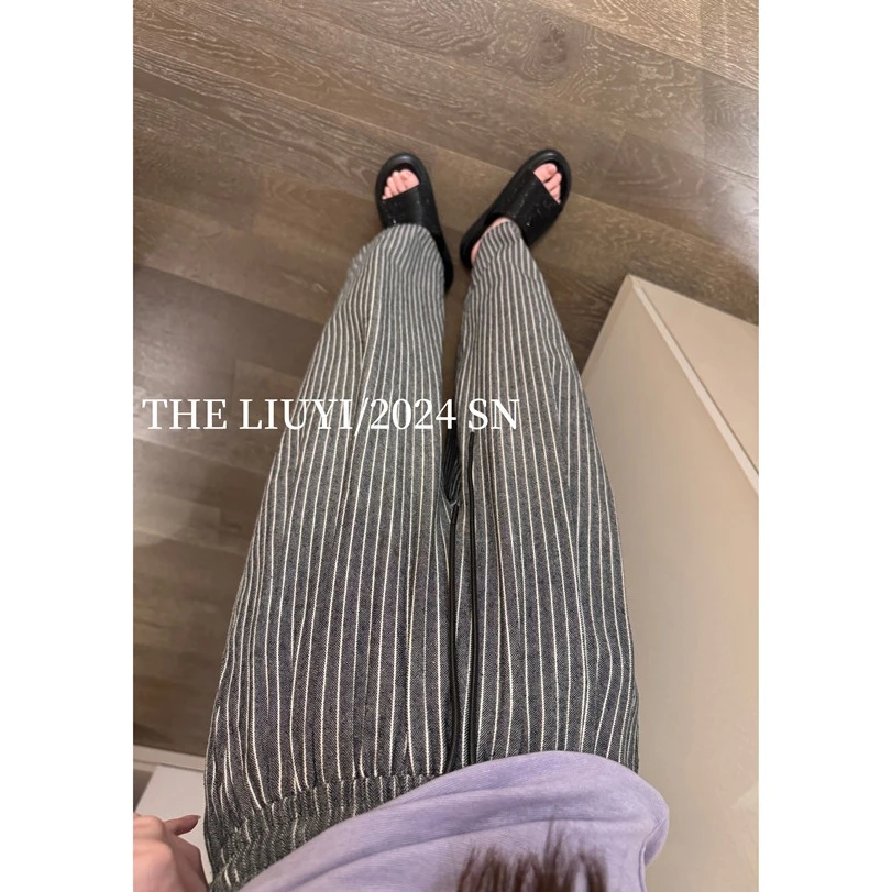 【LIUYI】灰条裤~高腰显瘦条纹休闲直筒裤46225