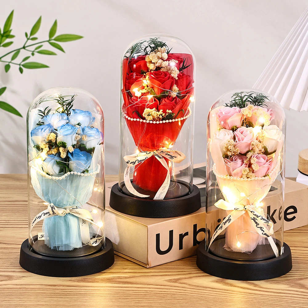 网红新款珍珠永生花玫瑰玻璃罩送女友生日礼物创意摆件装饰品D862