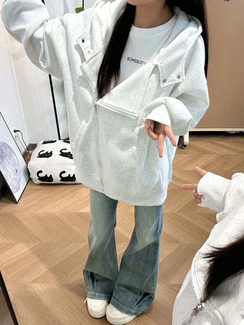 9504美式双拉链不规则秋季百搭连帽卫衣外套