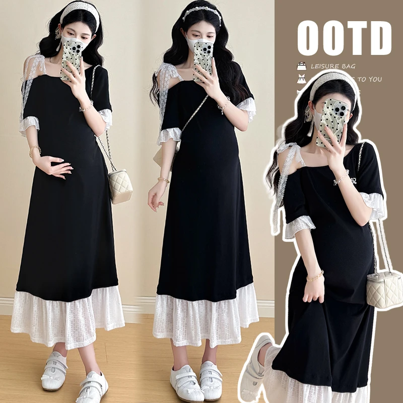韩版显瘦孕妇装时髦洋气夏季风蕾丝荷叶边拼接黑色吊带孕妇连衣裙