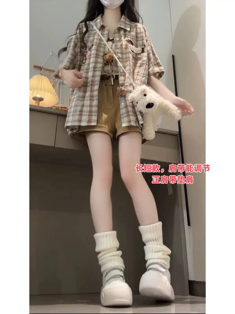 美式趣味小狗毛巾绣格子短袖衬衫新款宽松休闲衬衣独特上衣三件套