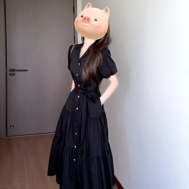 法式黑色v领衬衫连衣裙子女夏2025新款高级感小个子春装长裙2327