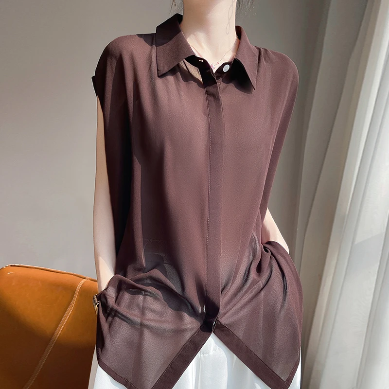 羊范法式小众设计感无袖衬衣女士翻领乔其纱洋气上衣轻奢简约外套