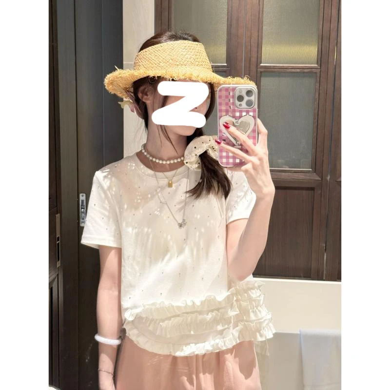 夏季新款上衣女韩系亮晶晶花边简约T恤女宽松短袖设计感小众花边