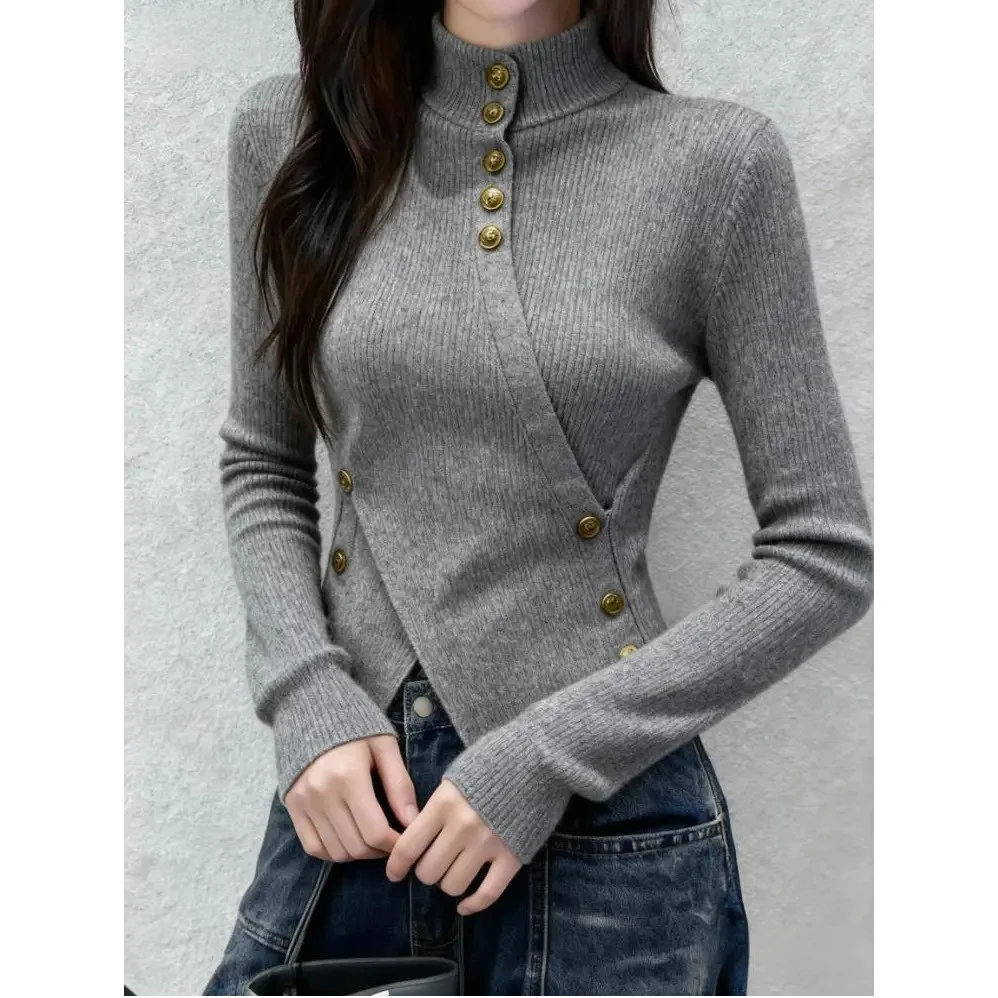 高级感时尚显瘦灰色针织衫女秋冬新款小众修身半高领打底内搭上衣