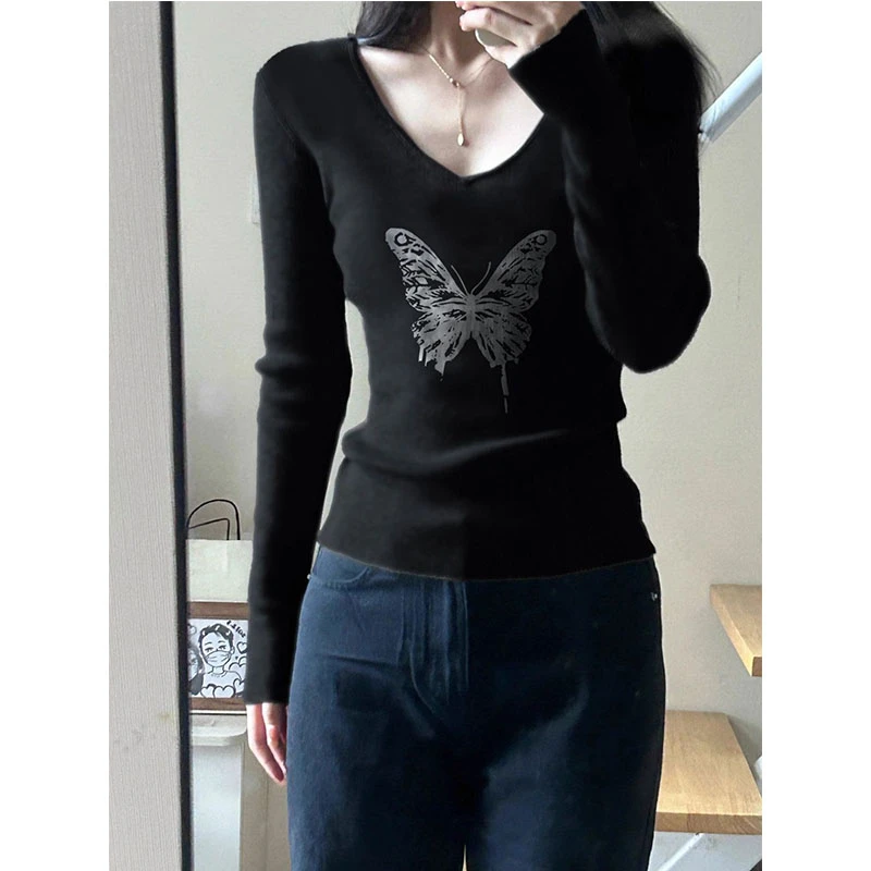 小个子纯棉正肩V领长袖女春秋季美式bm辣妹修身显瘦打底衫T恤上衣