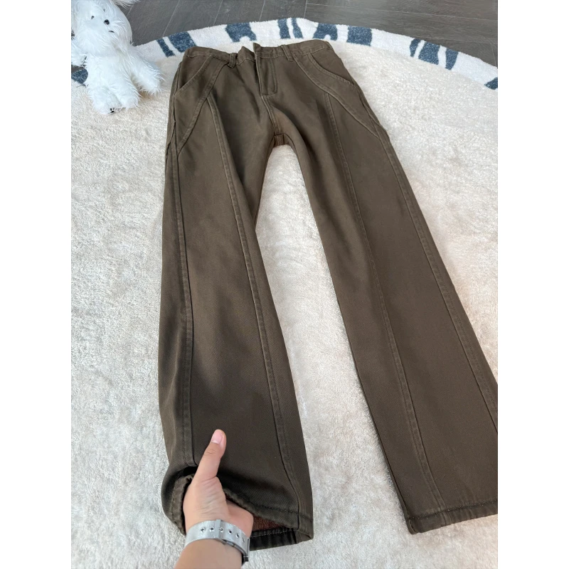 咖色纯棉直筒牛仔裤男款冬季加绒美式复古工装裤子斜切弯刀微喇裤