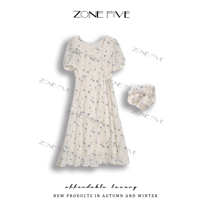【zonefive】安琪法式方领碎花连衣裙女高级感修身显瘦气质长裙M78