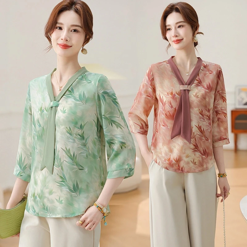 中年妈妈2025夏装新款洋气短袖上衣中老年女夏季雪纺小衫套装
