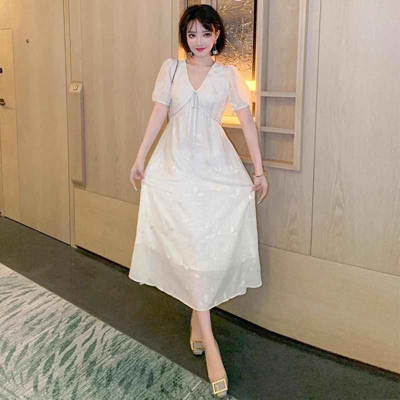 【现货】MIUCO温柔到骨子里提花V领系带泡泡袖高腰大摆连衣裙D3821