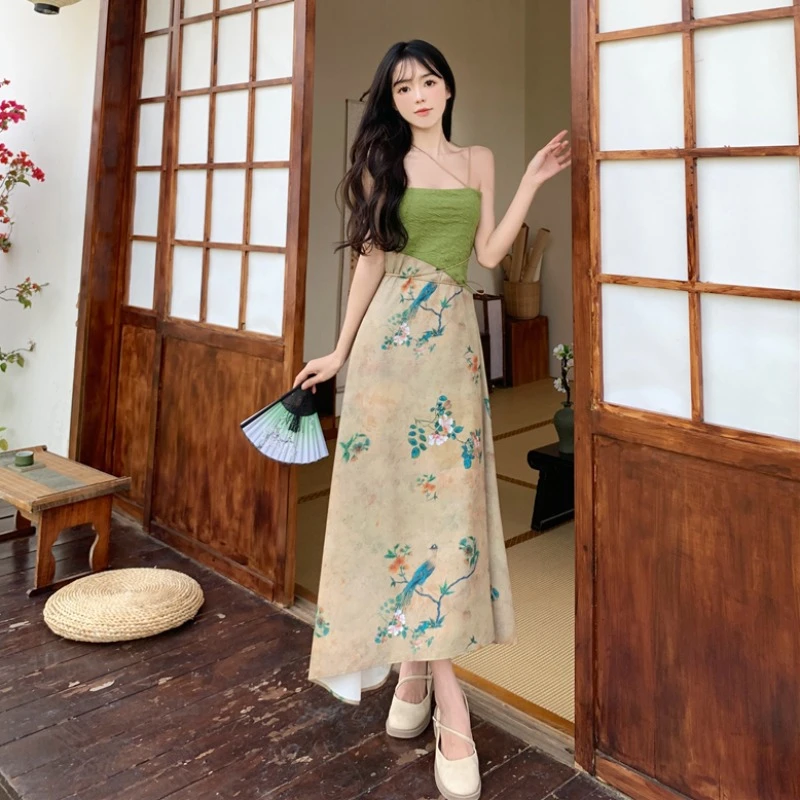 画报夫人新中式裙子春夏套装女复古国风绝美连衣裙吊带外搭开衫两